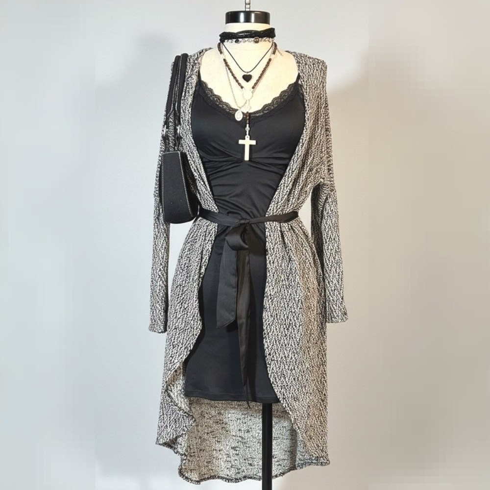 Beige Black Maxi Cardigan Open Front Stretchy Large‎